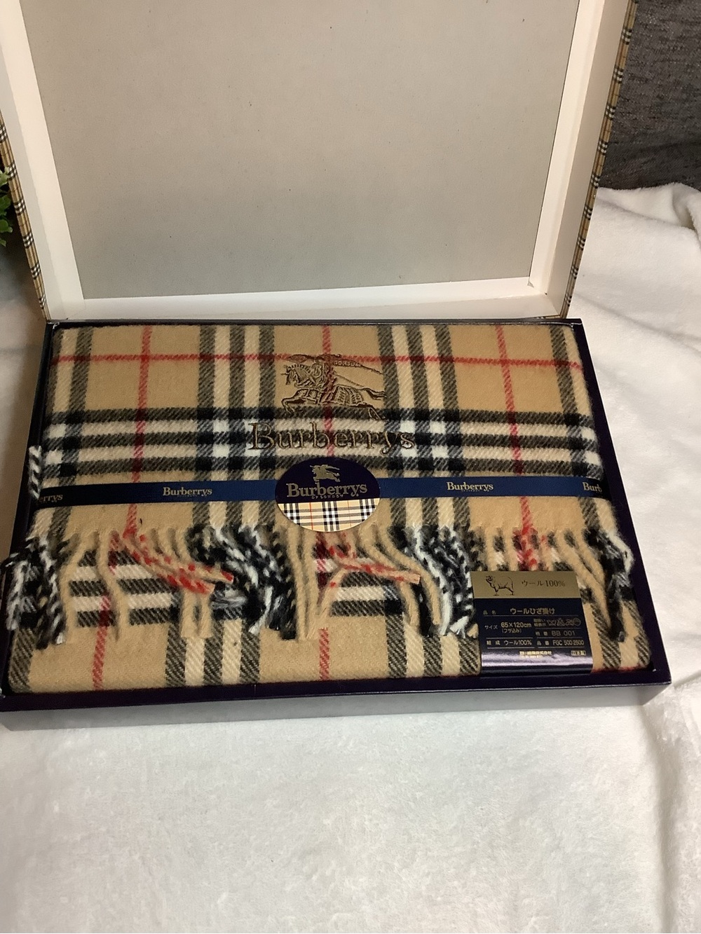Burberry Beige Black Red Check Wool Throw in Branded Box